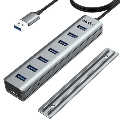 Image of USB Hub 3.0 7-Port with Desk Mounted Design +100cm Long Cable, atolla USB Splitter Adapter with Multi USB 3.0 Data Ports and Powered Type-C, USB Extender for Desktop PC,Laptop,Mouse [Aluminium Metal]