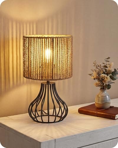 Image of GOEBELSON Bedside Table Lamp, Black Metal Table Lamp with Rattan Paper Lampshade, Modern Bedside Lamps for Bedroom, Industrial Cute Desk Lamp, 4W 2700K LED Bulb Included ZSW10TLK05