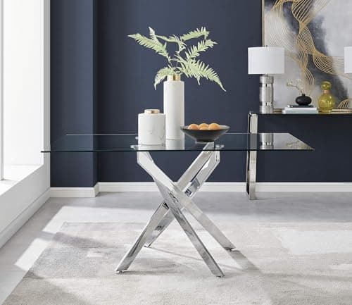 Image of Furniturebox UK Glass Dining Table - Leonardo 6 Seater Silver Chrome Leg Rectangular Tempered Glass & Metal Modern Stylish Dining Table 150cm x 90cm