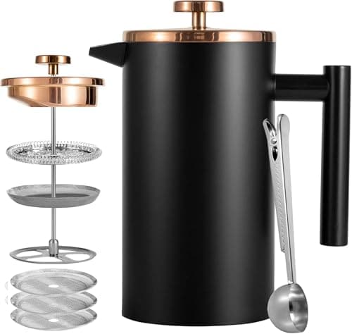 Image of Wrobic Cafetiere French Press Coffee Maker, 1000ml/34oz Double-Wall Insulated Stainless Steel, 3 Level Filtration System, French Press for Home, Camping and Office (6 cup to 8 cup Black)