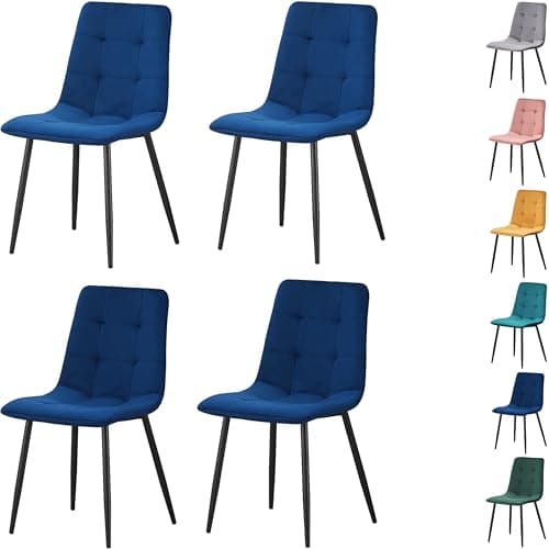 Image of MOF Home Modern Velvet Dining Chairs, Set of 4, Velvet Tufted Upholstered Kitchen Chairs with Metal Legs, Multi-Color (CHECK PATTERN, NAVY)
