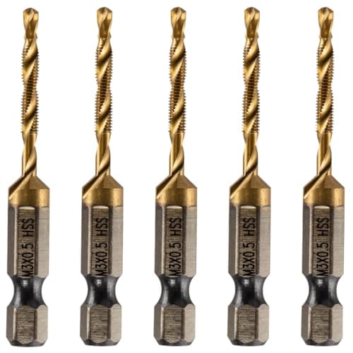 Image of Rennie Tools - Pack Of 5 - M3 x 0.5 Combination Drill and Tap Bit, 1/4" Hex Shank. Metric Coarse Titanium Coated HSS Spiral Flute Drilling Tapping Tool. 3mm x 0.5mm Pitch Drill Bit.