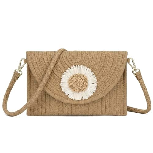 Image of Woodland Leathers Crossbody Woven Straw Crossbody Bag for Women with Daisy Detail, Summer Beach Clutch Shoulder Bag, Lightweight Envelope Purse with Detachable Strap Womens Bag (Beige Daisy)