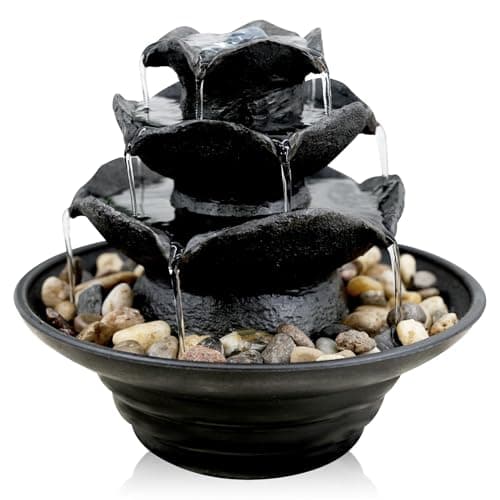 Image of GEEZY Indoor Water Fountain - Waterfall Design Water Feature with LED Lights - Mains Powered & Self-Contained, Table Top, Relaxing & Tranquil - Perfect for Home, Living Room, Office Decor