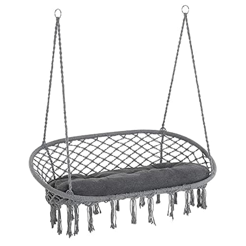 Image of Outsunny 2-Seater Hanging Hammock Chair with Soft Cushion, Cotton-Polyester Blend Macrame Hanging Rope Chair with Metal Frame, for Patio, Garden, Balcony, Living Room, Dark Grey