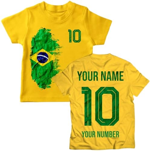 Image of lepni.me Brazil 2026 Personalised Kids' Football Fan Graphic Cotton T-Shirt, Custom Name and Number, Short Sleeve Supporters Top (12-13 Years Yellow Multi Color)