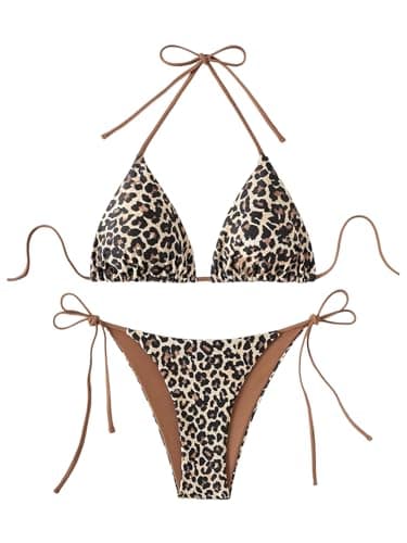 Image of GORGLITTER Women's Leopard Print Swimsuits Halter Triangle Tie Side Bottom 2 Piece Sexy Bikini Sets Brown Small