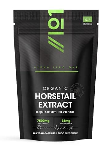 Image of Organic Horsetail Extract 7500mg – 7% Silicia from High Strength 15:1 Extract – 90 Vegan Capsules (3 Months Supply) – Resealable and Recyclable Pouch by Alpha01