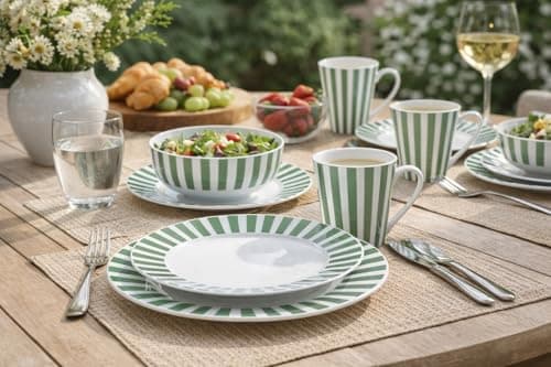 Image of 24pc Waterside Green & White Stripe Porcelain Dinner Set; 6 Dinner Plates, 6 Side Plates, 6 Deep Bowls & 6 Mugs - Dishwasher & Microwave Safe