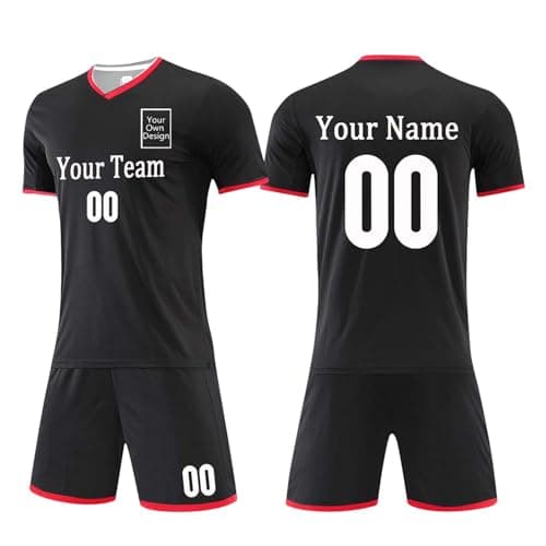 Image of Personalised Football Kits for Boys Football Shirt with Custom Number Logo Name Customisable Jersey & Shorts Set Teenagers Training Shirts Sports Kits Customised Kids Football Kit Black 130