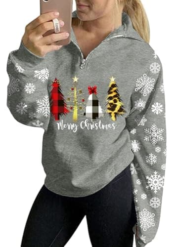 Image of For G and PL Christmas Women's 1/4 Zip Sweatshirt Funny Graphic Jumpers Long Sleeve Party Pullover Tree Grey XXL