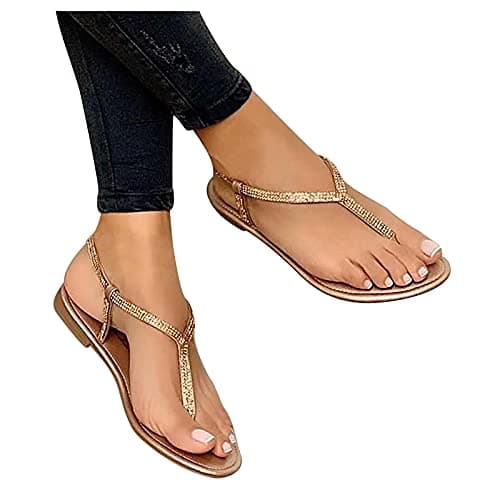 Image of KUIH Sandals for Women Flat Flip Flops T-Strap Bohemian Rhinestone Sandals Walking Sandals Wide Fit Sandals Ladies Low Chunky Heel Sliders Summer Beach Sandals Dressy Party Wedding Shoes