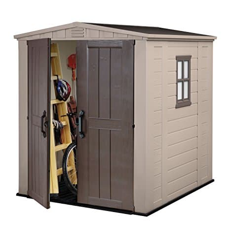 Image of Keter Factor Outdoor Apex Double Door Garden Storage Shed 6 x 6ft Beige Brown Wood effect | Fade Free | All Weather Resistant | Safe and Secure | Zero Maintenance | 15 year Warranty