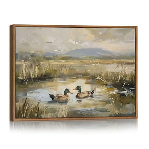 Image of FajerminArt Vintage Mallard Duck Framed Canvas Wall Art, Rustic Spring Pond Reed Wall Painting Nature Countryside Lake Animal Canvas Printed Pictures Home Decor Artwork For Bedroom Living Room 30X40cm