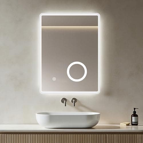 Image of Heilmetz Bathroom Mirror with LED Lights, 500 x 700mm Bathroom Wall Mirror with Demister, Illuminated LED Mirrors with Shaver Socket and 3x Magnification, 6500k Vertical