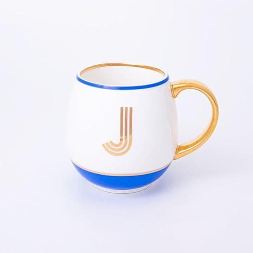 Image of Bombay Duck Library Monogram Fine Bone China Mug, White & Blue with Pink & Gold Details, 450ml, Striped Gift Box, Hand Wash Only, Letter J