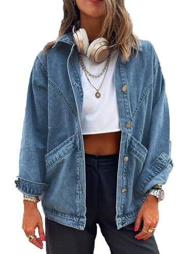 Image of MJFCS YAENH Women's Casual Oversized Button Up Denim Jackets Shacket Long Sleeve Pockets Denim Jean Jacket, Blue, Medium