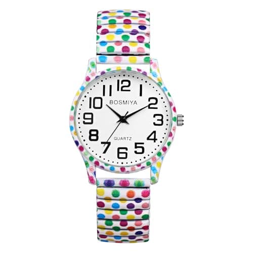 Image of Oidea Womens Stretch Band Watches: Large Number Easy Reader Elastic Strap Watch Floral Printed Analog Quartz Bracelet Watch Casual Ladies Wristwatches, Colored Dots