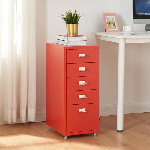 Image of [en.casa] Mobile File Cabinet Kökar Metal Filing Cabinet with 5 Drawers Office Trolley with Castors for Study 69x28x41 cm Red