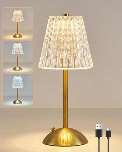 Image of HARPER LIVING Rechargeable Table Lamp, LED Desk Lamp Battery Operated, Dimmable & 3 Colors Bedside Reading Light Polished Gold Finish, Cordless Touch Lamps for Bedroom Living Room Bar Restaurant