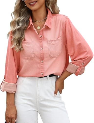 Image of PASUDA Womens Denim Shirt Long Sleeve Collared Blouses Casual Button Down Jean Shirt Western Vintage Denim Jacket Tunic Tops with Pockets Loose Fit (Rose Pink, M)