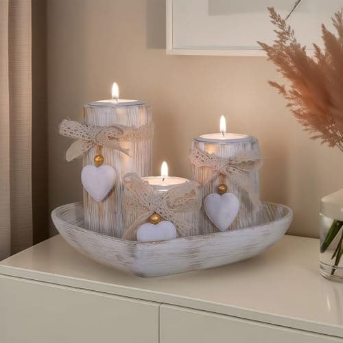 Image of Candle Holders,3 PCS Wooden Candlestick Holders Set with Heart-Shaped Tray,Tealight Candle Holder for Christmas Table Decoration & Centrepiece,Gift for Mum Birthday,Romantic Wedding Party Ornaments