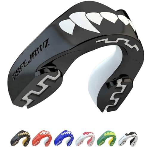 Image of SAFEJAWZ Mouth Guard, Dual Layer Gum Shield for Adults with Case, Easy Fit Remouldable Gumshield for Rugby, Boxing, MMA, Hockey & All Contact Sports (Adult 12+ Years, Black Fangz)