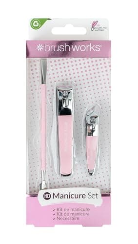 Image of Brushworks Manicure Set – 3 Piece Stainless Steel Nail Grooming Kit for Home or Travel – Includes Nail Clipper, Cuticle Pusher & Nipper – Vegan & Cruelty-Free