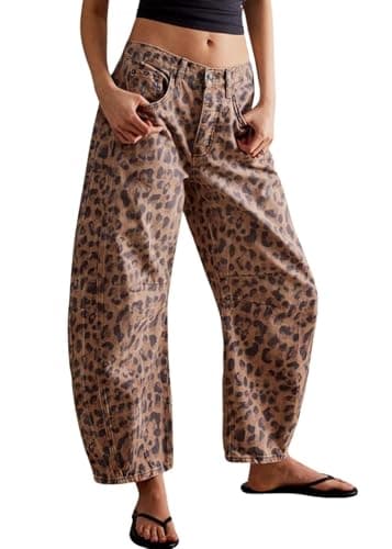 Image of Womens Stretchy Mid Rise Barrel Jeans Vintage Loose Wide Leg Cropped Denim Pants Y2k Baggy Boyfriend Jeans, Leopard Khaki, M