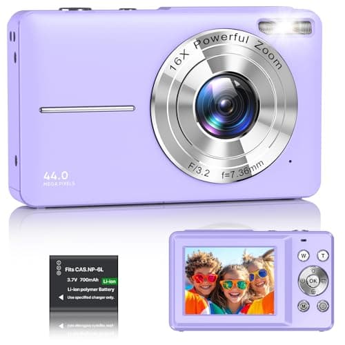 Image of Digital Camera 1080P FHD Compact Digital Camera 44MP Portable Mini Small Photo Camera with 2.4" LCD Screen, 16X Digital Zoom and 1 Battery Vlogging Camera for Kids, Girls, Boys-Purple（No SD Card）