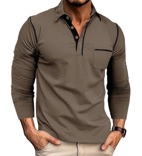 Image of Rodawu Mens Long Sleeve Polo Shirts Cotton Polo T-Shirts Golf Tops Grandad T Shirt Brown Polo Shirt Men L