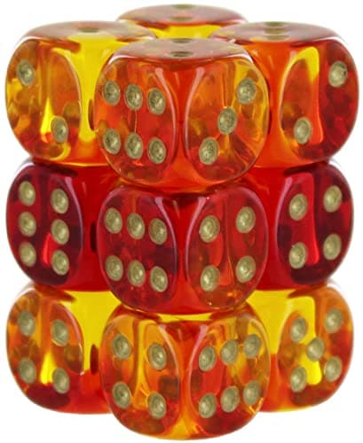 Image of Gemini Dice Block | Set of 12 Size D6 Dice Designed for Board Games, Roleplaying Games and Miniature Games | Premium Quality 16 mm Dice | Translucent Red, Yellow and Gold Color | Made by Chessex