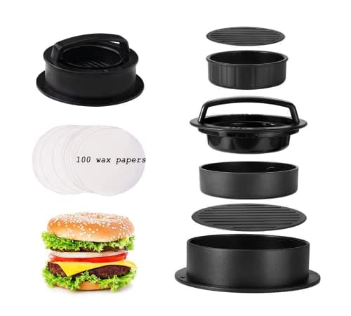 Image of Maq Burger Press with 100 Wax Paper Sheets, 3 in 1 Nonstick Hamburger Press Patty and Burger Maker Kit for Different Sizes, Stuffed Burger Patty, Beef Burger for Delicious BBQ Grilling Burgers