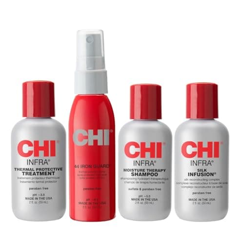 Image of CHI Essentials Kit for Unisex - 4 Pc Infra Shampoo, 44 Iron Guard Thermal Protection, Infra Treatment, Silk Infusion - RED, GRAY