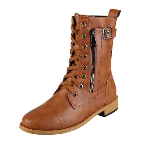 Image of Generisch Women's Leather Boots, Large Sizes, Half-Height Ankle Boots, Block Heel, Lace-Up Boots, Autumn and Winter Ankle Boots, Non-Slip Plain Casual Shoes, Western Boots with Side Zip, brown, 6 UK