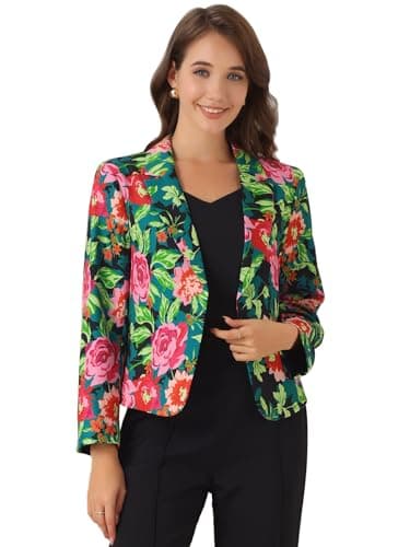 Image of Allegra K Women's Open Front Office Work Business Crop Suit Blazer Jacket Black Green Pink-Floral L