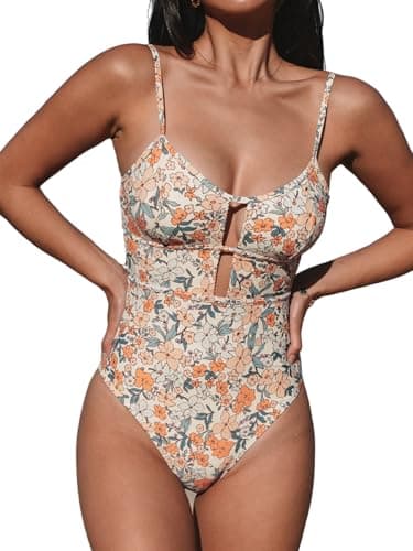Image of CUPSHE Women's One Piece Swimsuit Scoop Neck Cutout Back Self Tie Adjustable Straps Swimming Costume Swimwear Yellow/Ditsy Floral S