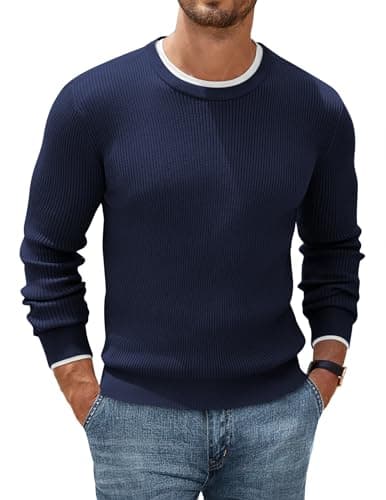 Image of COOFANDY Knitted Jumpers for Men Crew Neck Jumper Ribbed Pullover Basic Sweater Classic Striped Sweatshirt Blue Violet L