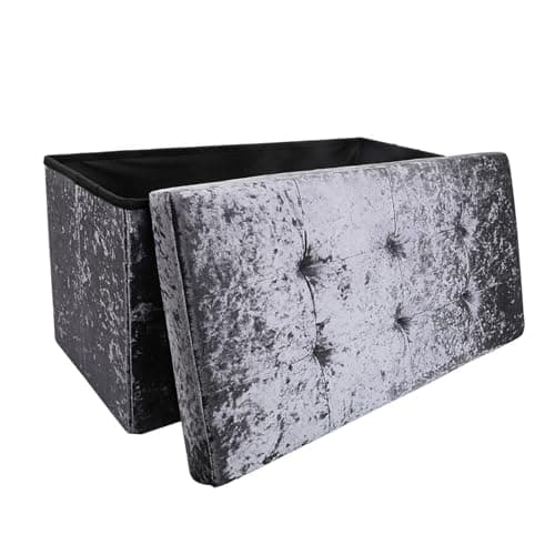 Image of Dripex Crushed Velvet Folding Ottoman Storage Box Toy Chest and Footstool Grey Ottoman Storage Box, Storage Ottoman Seat, Stool, Toy Storage Box (Dark Grey, Medium), 76 x 38 x 38 cm