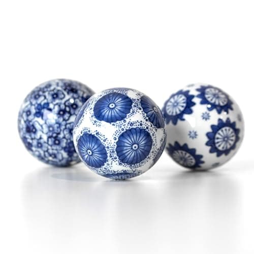 Image of Prodbuy Set of 3 Small Deco Balls Blue & White Floral Pattern 7cm Ceramic Decorative Ornaments