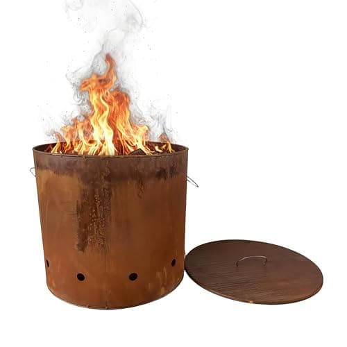 Image of Relaxdays Fire Barrel Corten Steel Rust Finish Industrial Fire Bowl with Lid 45x49.5cm Garden XL