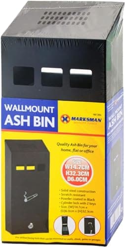 Image of HOMEVIBE Ash Bin | Steel Ashtray Black Compact Pub Club Home Office Flat Cigarette Cigar Wall Mounted Lockable Heavy Duty + Keys UK FREE P&P, W14.7cm x D6.0cm x H32.3cm