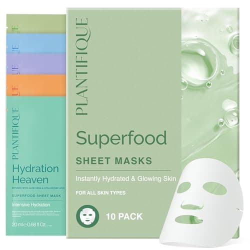 Image of PLANTIFIQUE Superfood Facial Sheet Mask Variety Box 10 Pack – 2x Coconut, Aloe, Vitamin C, Centella & Collagen Face Masks – Hydrating & Glow-Enhancing – For All Skin Types