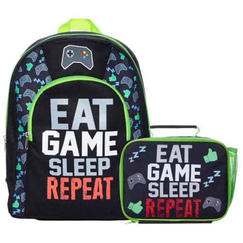Image of ThePyjamaFactory Eat Game Sleep Boys Girls Gaming Backpack and Lunch Box Bag 2 Piece Set Gamer Rucksack Kids School Bag
