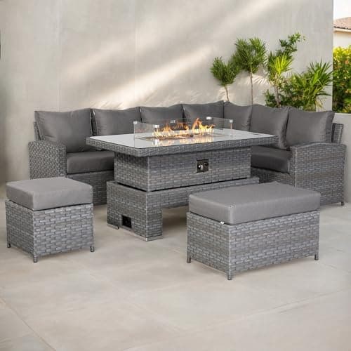 Image of Club Rattan Isobella Range High Back Right Hand Corner with Fire Pit Rising Table in Large Slate Grey Weave