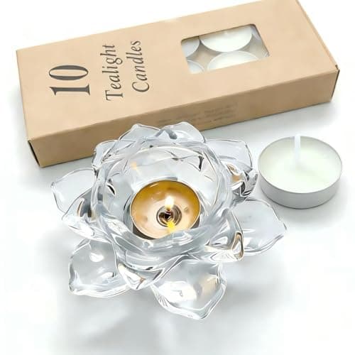 Image of Lotus Flower Candle Holder with 10 Tealight Candles, Crystal Tea Light Holder, Tealight Holders, Crystal Flower Lotus Candle Holder, Clear Glass Tealight Holder, for Wedding, Party (Clear (1 Pack))