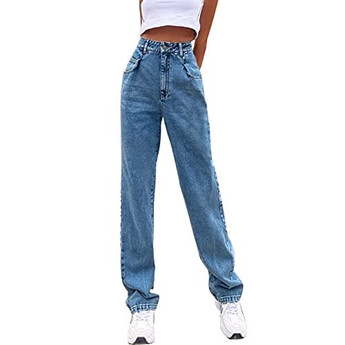 Image of Women's Jeans Regular Relaxed Fit Straight Leg High Waisted Trendy Vintage Boyfriend Juniors Mom Fit Jeans, D-light Blue, Large
