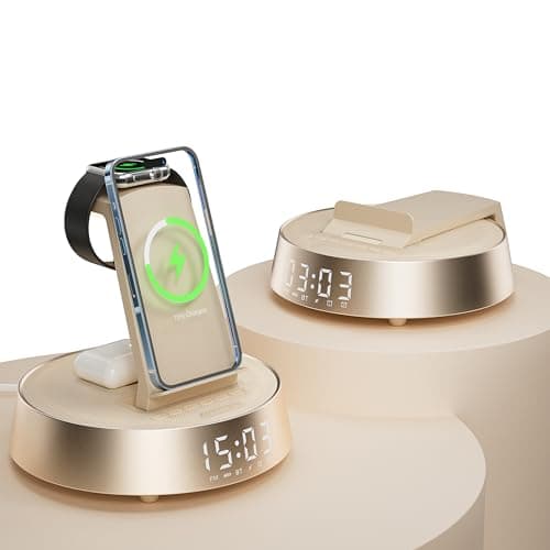 Image of FREEFISH Wireless Charging Station, 25W Fast Wireless Charger, Bluetooth Speaker with Dimmable Night Light, Radio Alarm Clock with Wireless Charging for iPhone and Samsung, Apple Watch, AirPods