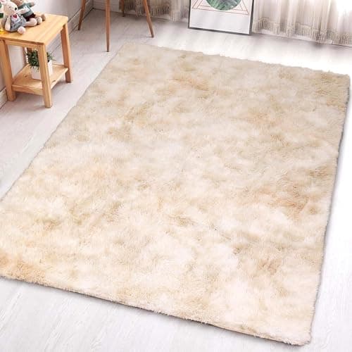 Image of Aspire Homeware Rugs Living Room - Tie-Dye Cream Area Rugs for Bedroom Anti Slip - Modern Super Soft Plush Carpets for Lounge – Fluffy Shaggy Bedside Runner Rug for Kids Room, 80cm x 150 cm