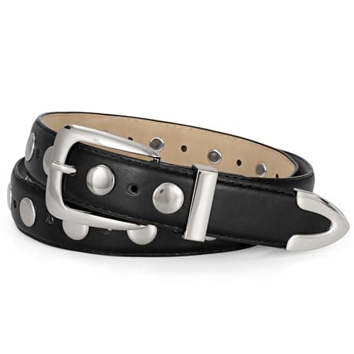 Image of JASGOOD Women Leather Belt Fashion Studded Belt Ladies Punk Belt Gold Buckle Vintage Leather Belt for Jeans Dress,Black